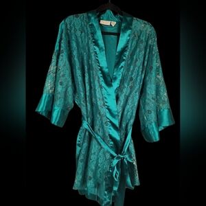 VICTORIA'S SECRET | Vintage Gold Label Green Satin Lace Short Robe w/ Belt | OS